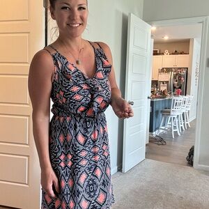 Navy and Coral Patterned Sleeveless Dress